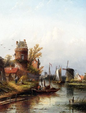 Vue de Buiksloot Pres D Amsterdam Bateaux Jan Jacob Coenraad Spohler Peinture à l'huile